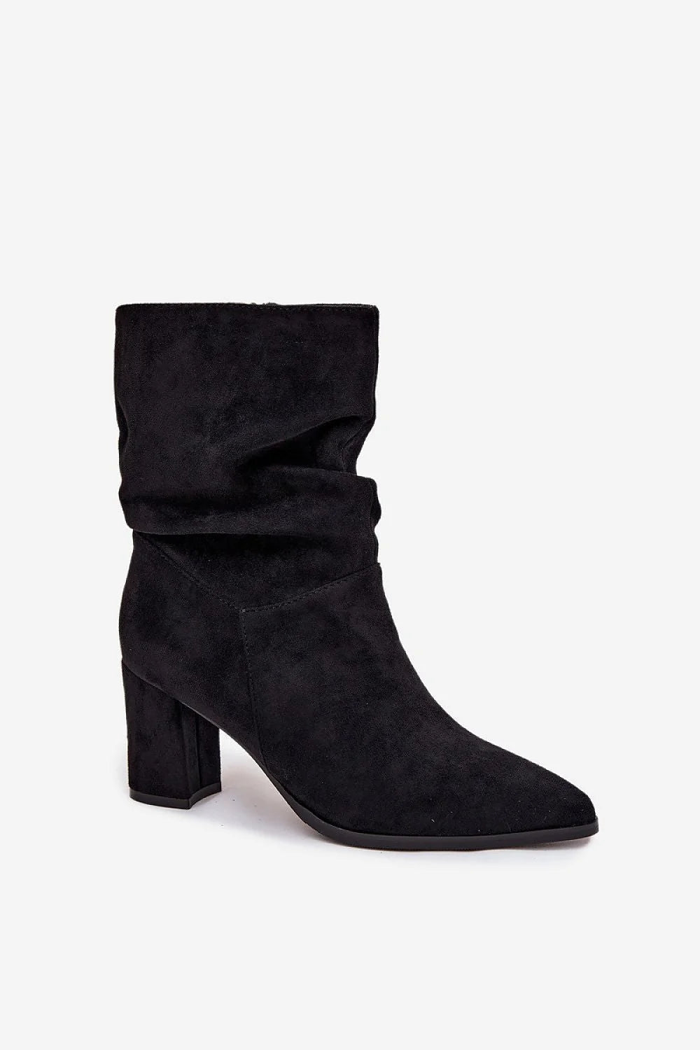 bottines femme suédine écologique noir talon colonne moyen bout pointu tige froncée fermeture zippée doublure polaire confortable élégante polyvalente automne
