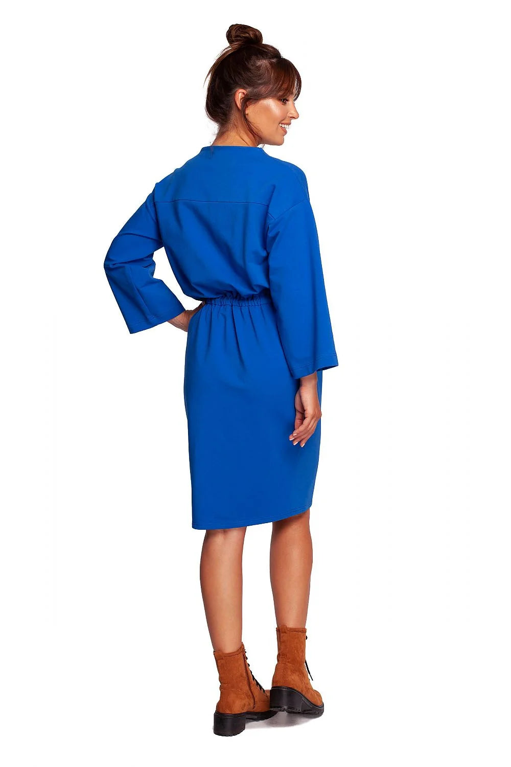 Robe de jour Be Wear élégante en maille douce coupe droite encolure goutte d'eau manches 3/4 taille ajustable coton élasthanne femmes