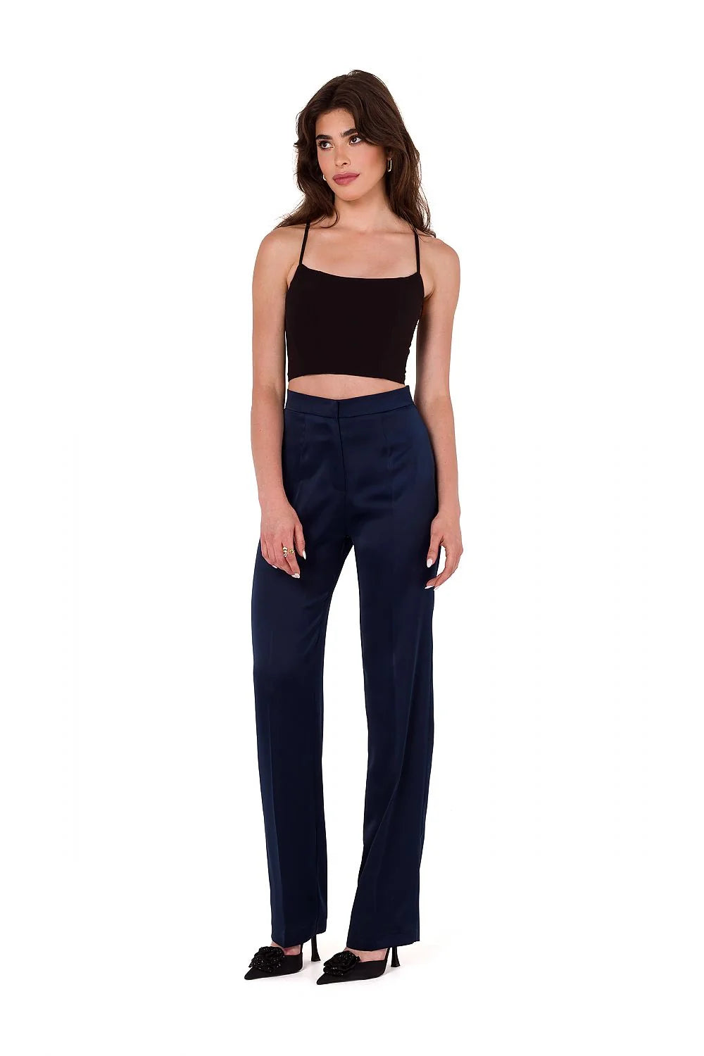 Pantalon femme Makover en satin taille haute jambe droite crop top inclut noir bleu marine élégance confort Pologne