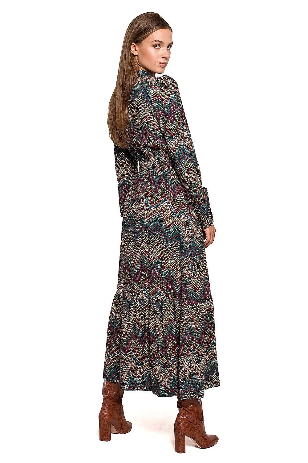Robe longue viscose bohème élégante multicolore motifs géométriques automne hiver manches longues femme
