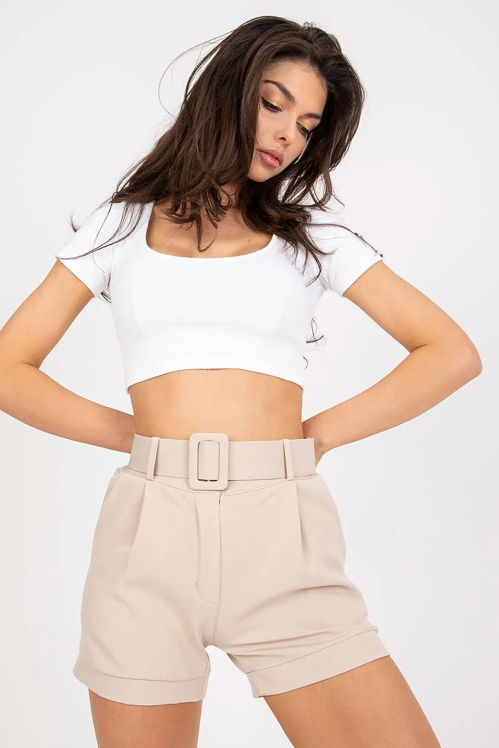 Shorts à taille haute femme mode citron vert fermeture glissière poches côtés ceinture assortie polyester élasthanne