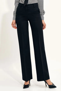 pantalon tailleur femme jambe large taille haute noir lisse pli marqué passants ceinture longueur pleine ourlet droit élégant bureau habillé