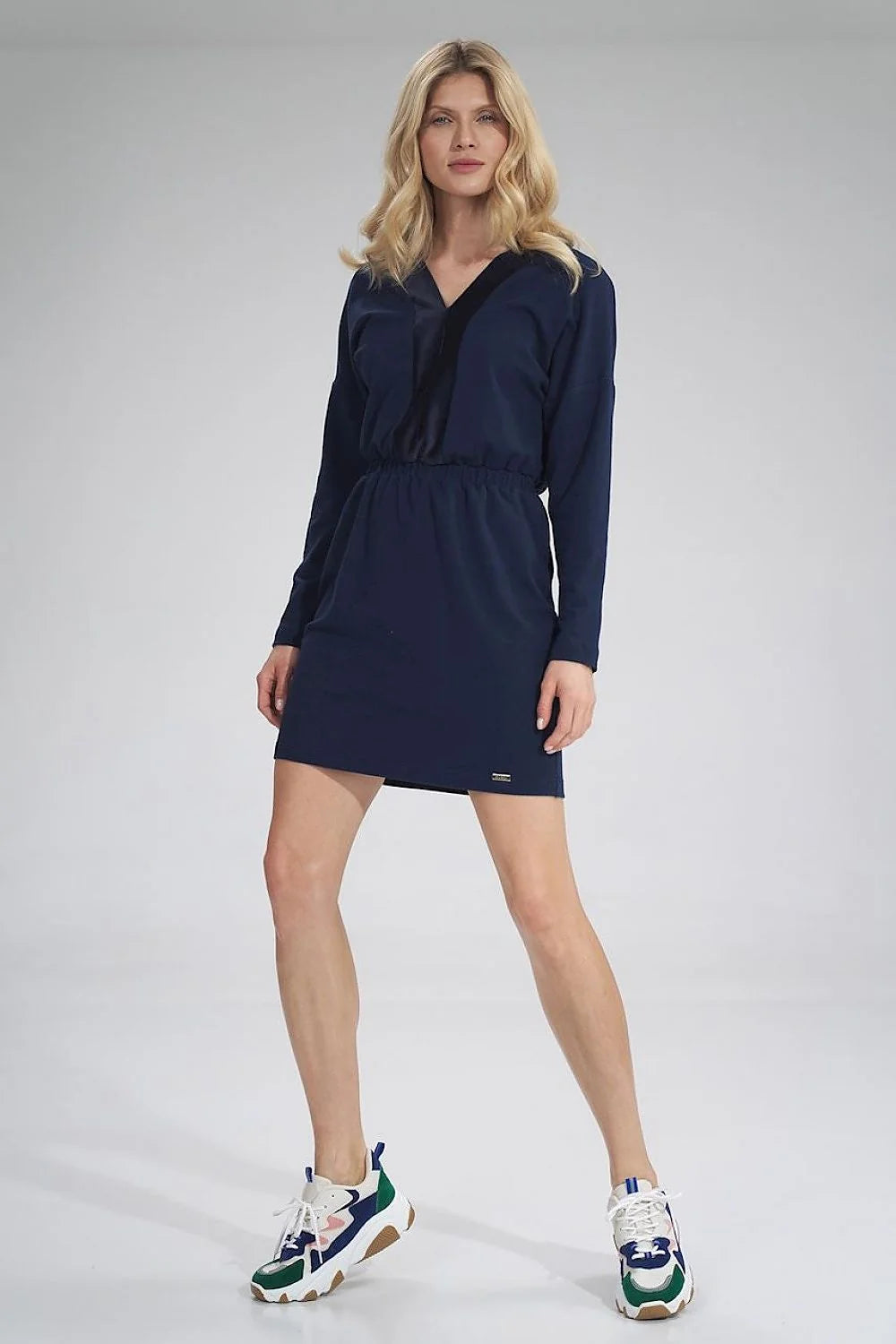 Robe femme coton stretch élégante bleu marine décolleté en V manches longues confortable maison