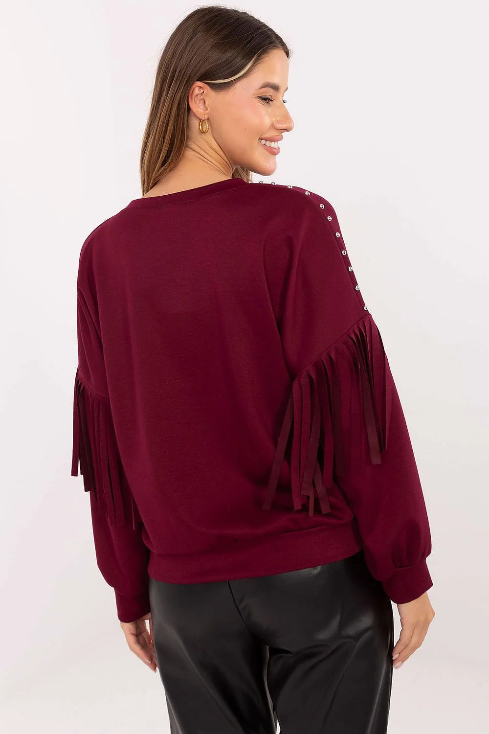 sweatshirt femme bordeaux manches longues col rond clous métalliques franges latérales maille douce viscose polyester bohème rock chic