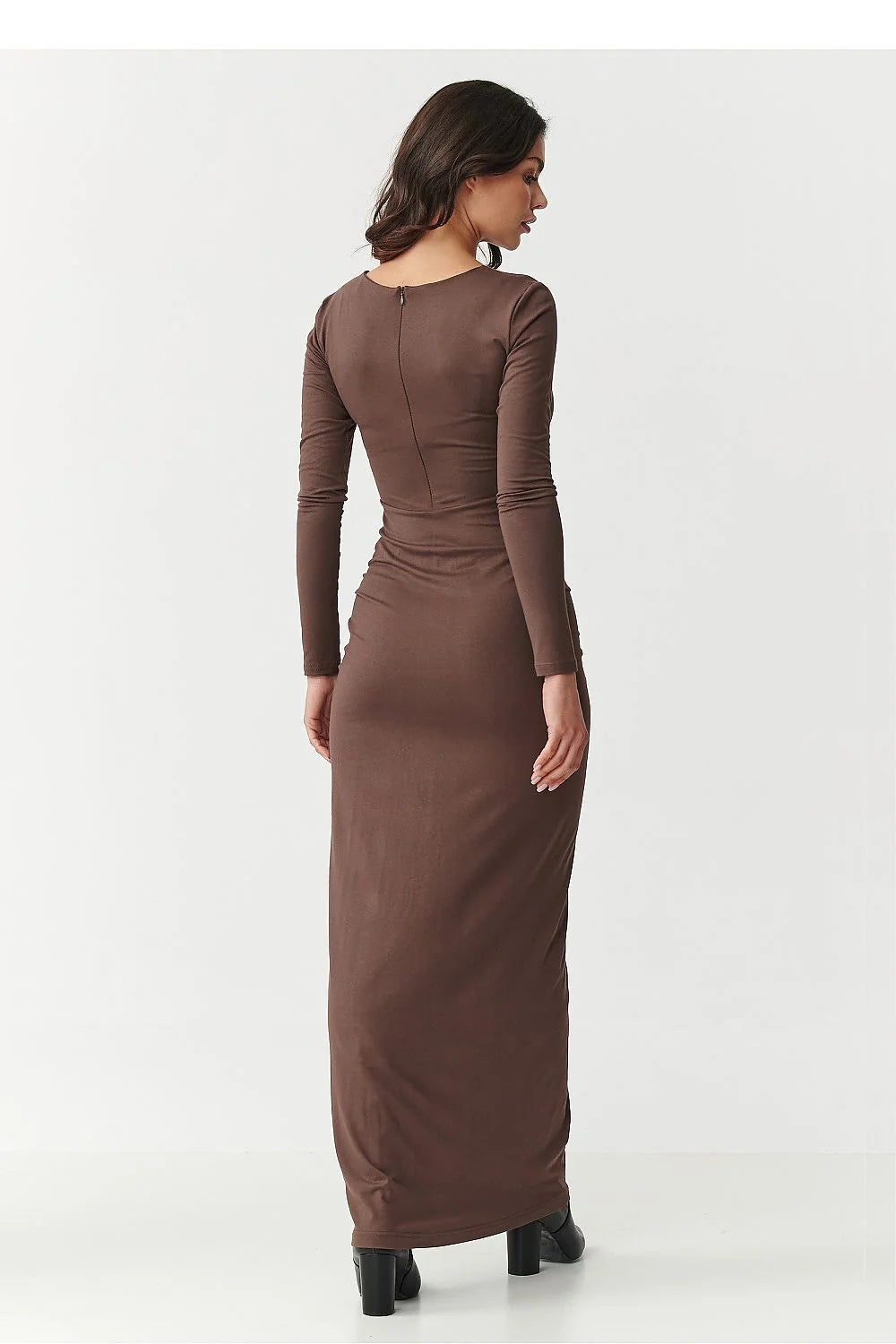 robe maxi longue manches longues moulante plissée froncée taille marquée chocolat jersey extensible enfilable confortable élégante