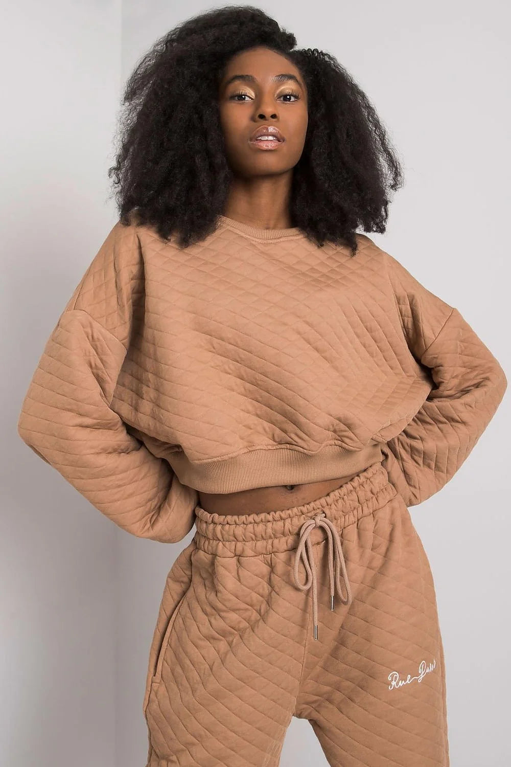 Sweatshirt femme moderne décontracté tissu matelassé kaki losanges manches longues ample urban casual