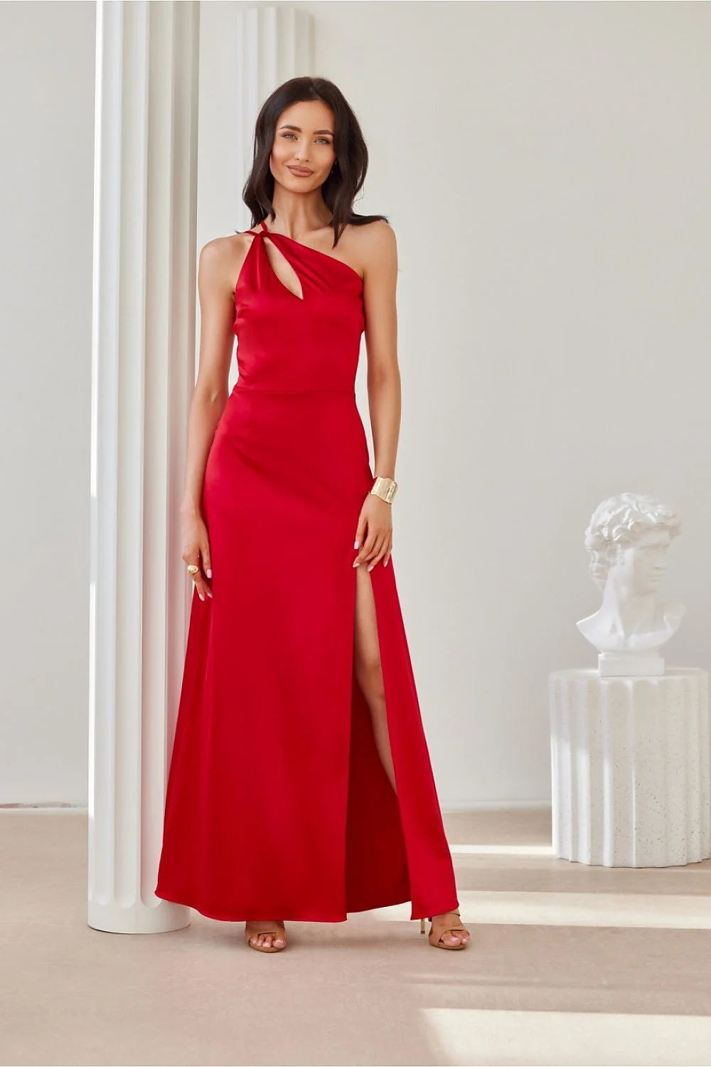 Robe longue asymétrique une épaule satinée rouge vif occasion spéciale femme sans doublure fermeture éclair taille ajustable soirée mariage gala