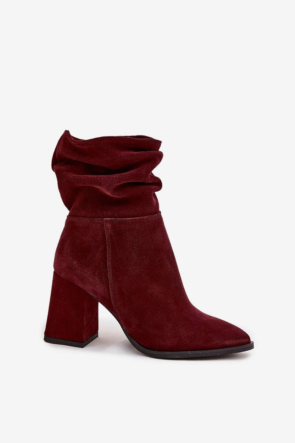 bottines femme cheville suède bordeaux talon bloc carré confortable doublure feutrée fermeture éclair latérale dorée bout amande sophistiquées élégantes