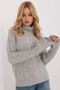 Pull col roulé torsades gris clair femme en laine mélange acrylique polyester polyamide longueur hanches manches longues coupe ample finitions côtelées