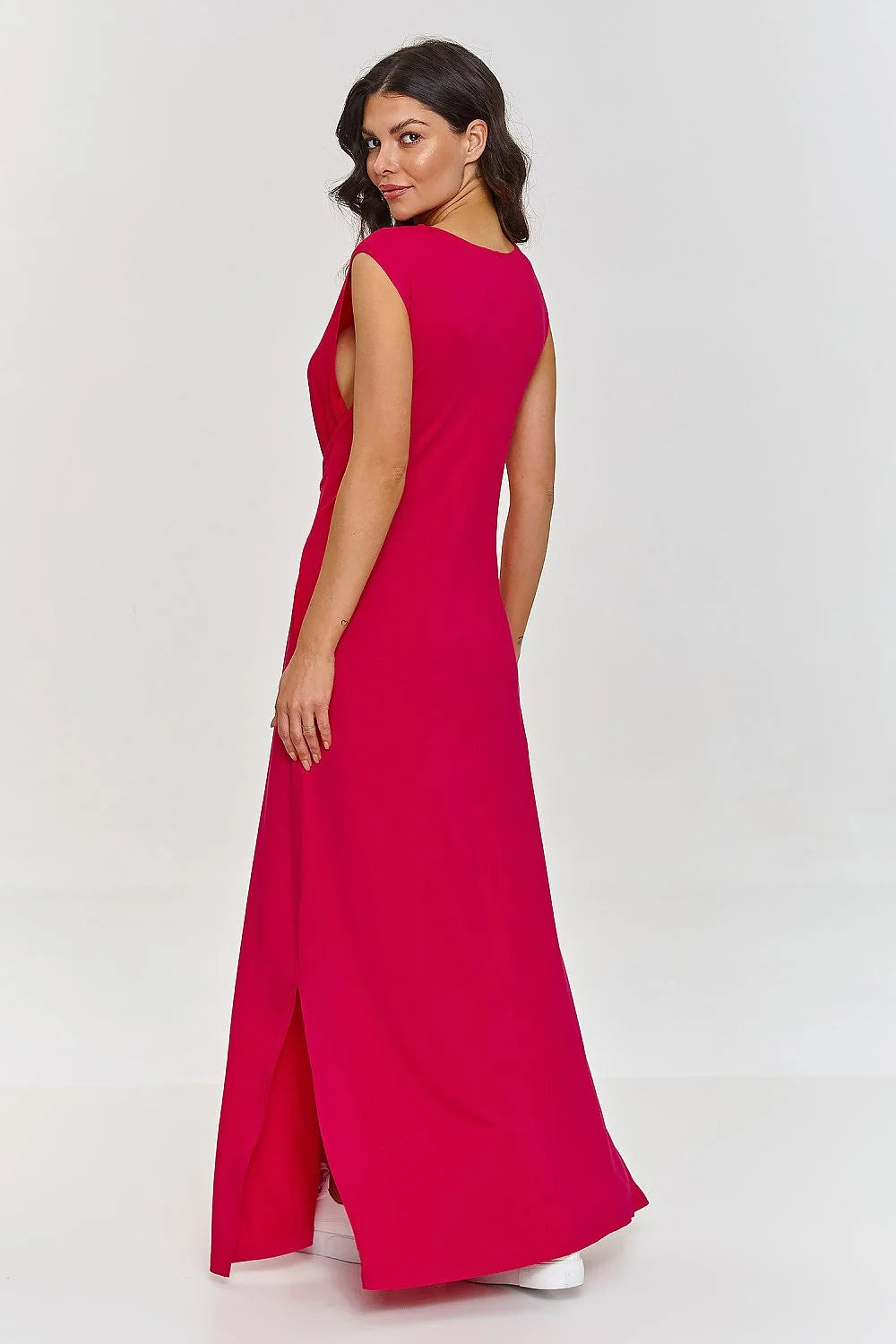 Robe de jour élégante longue sans manches coupe ample taille ajustable fuchsia femme été printemps