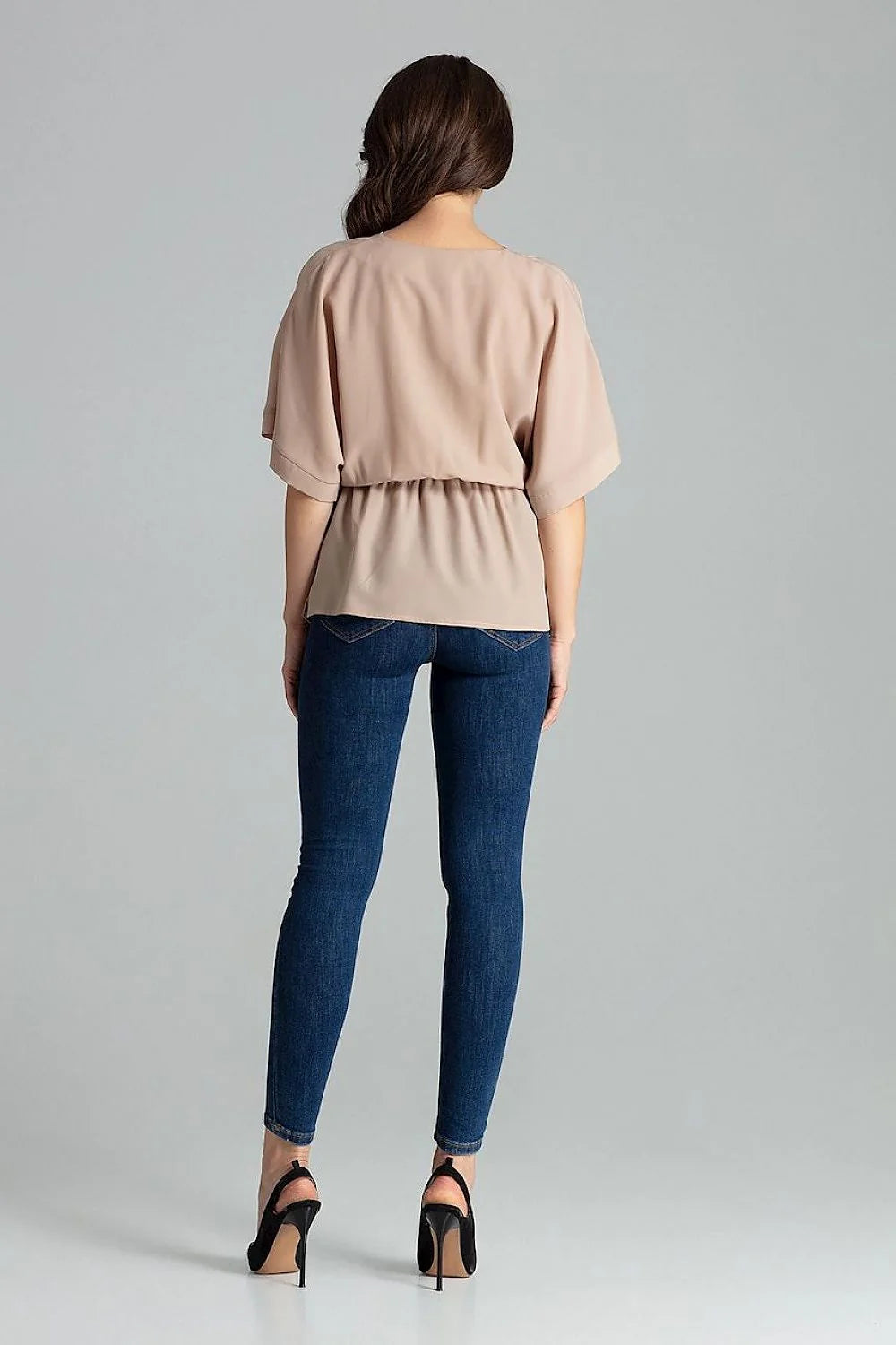 chemisier ample beige Lenitif manches kimono col V cachecoeur élégant tendance femme moderne fluide taille élastique fronces crêpe casualchic blousant