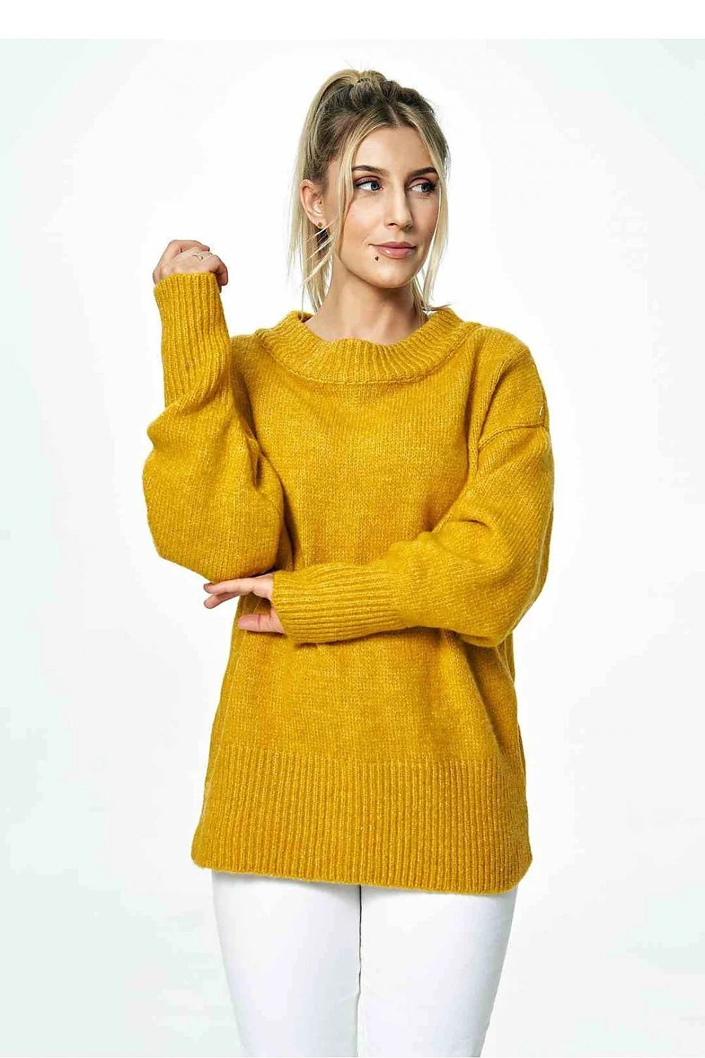 Pull ample pour femme en laine acrylique et polyester, rose pastel, manches longues côtelées, col rond, style classique, doux et confortable