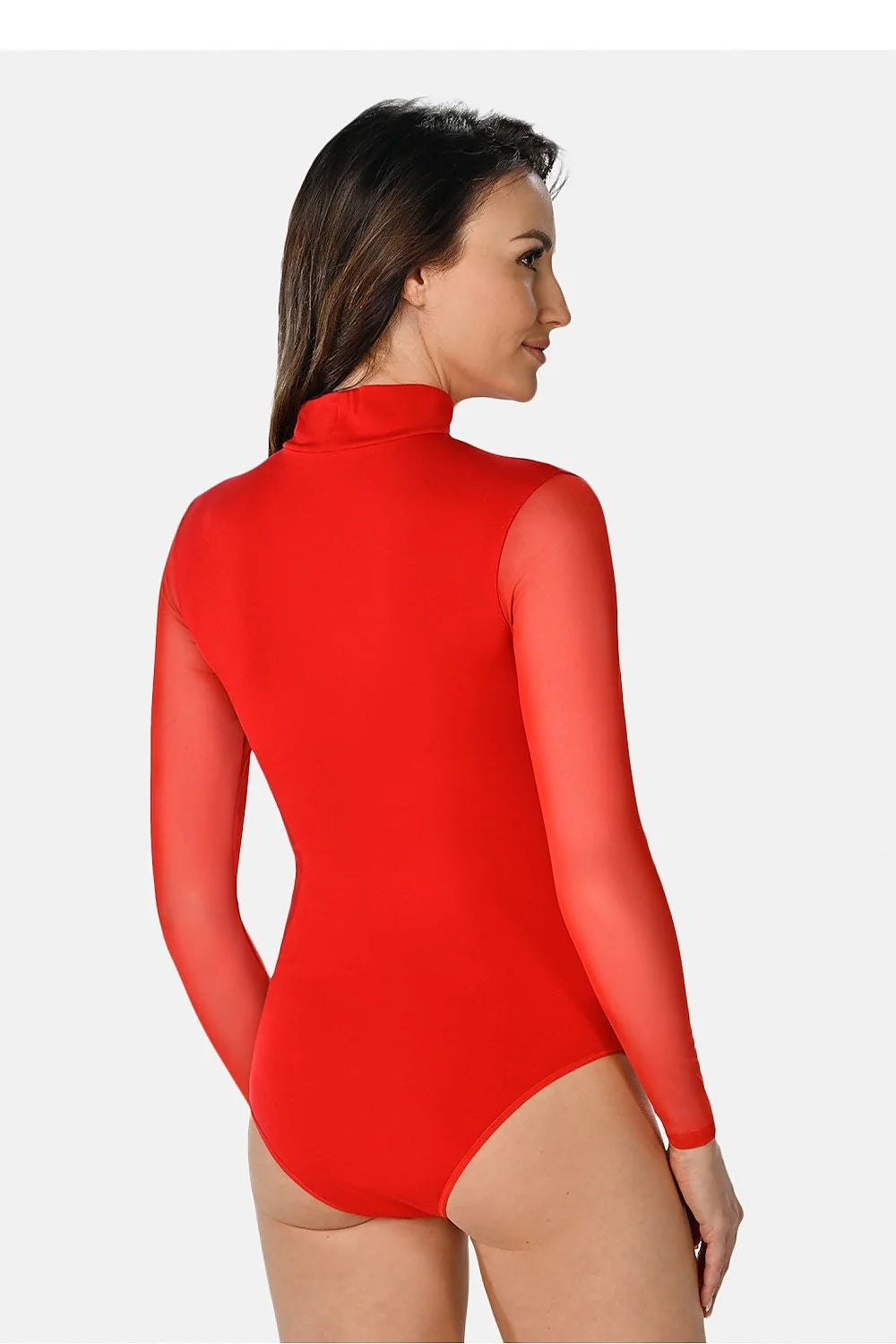 Body sexy élégant rouge foncé manches longues transparentes col montant coupe moulante silhouette féminine occasion spéciale