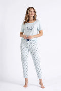Pyjama féminin confortable en coton bleu clair imprimé koala et pois manches courtes pantalon 7/8