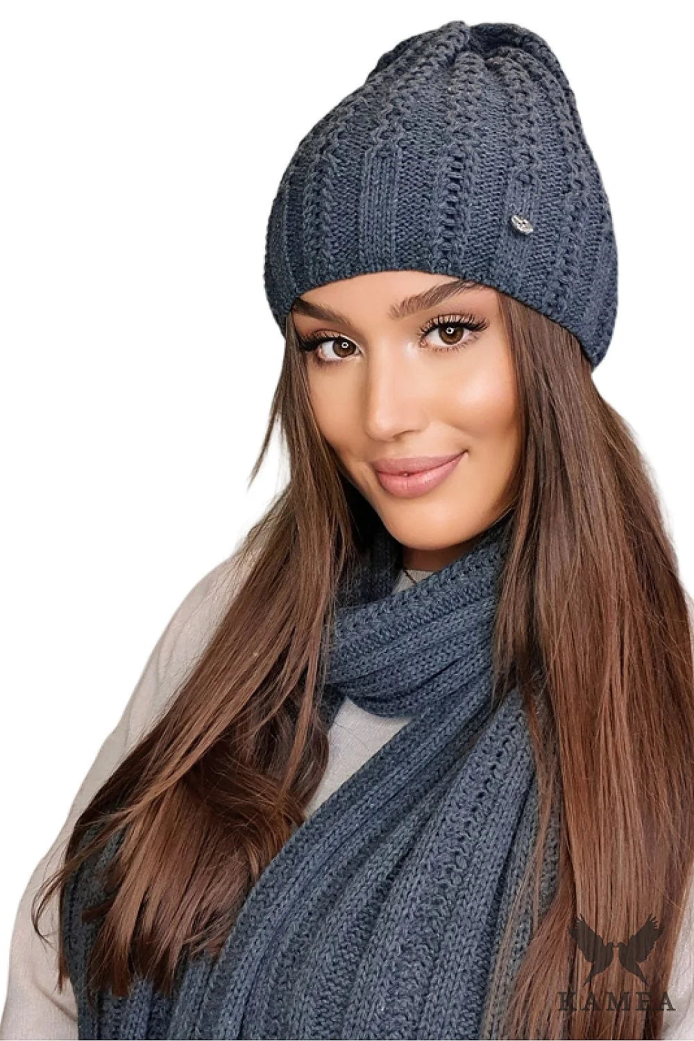 Ensemble bonnet écharpe tricot femme maille torsadée couleur gris bleu laine doublure polaire design moderne intemporel