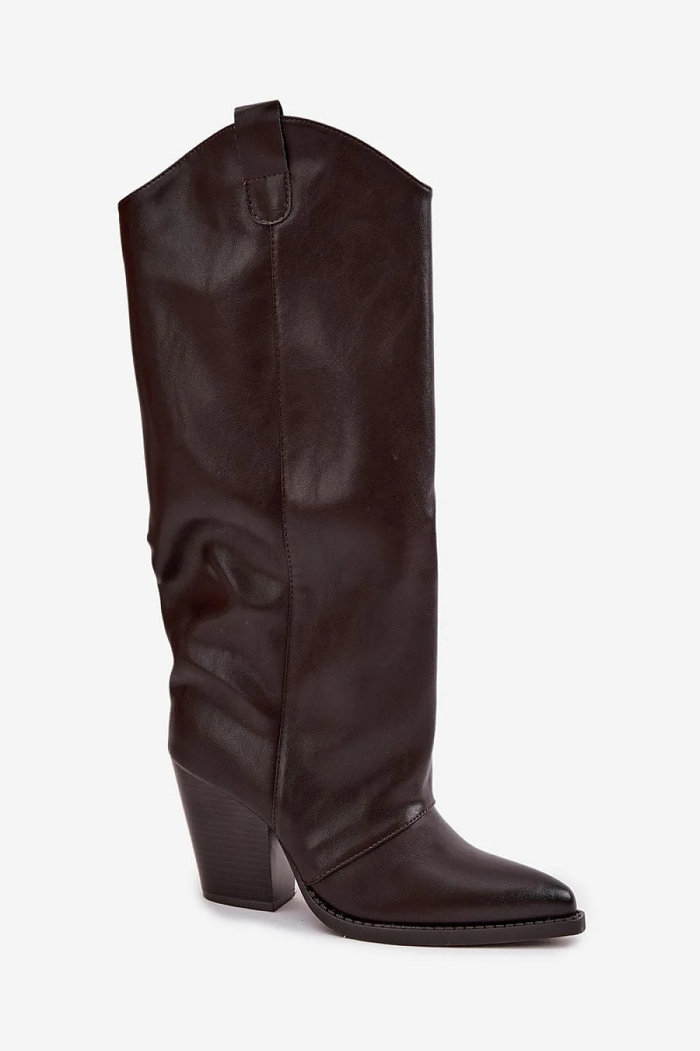 bottes femme western simili cuir marron foncé montantes tige genou talon colonne stable confortable bout pointu