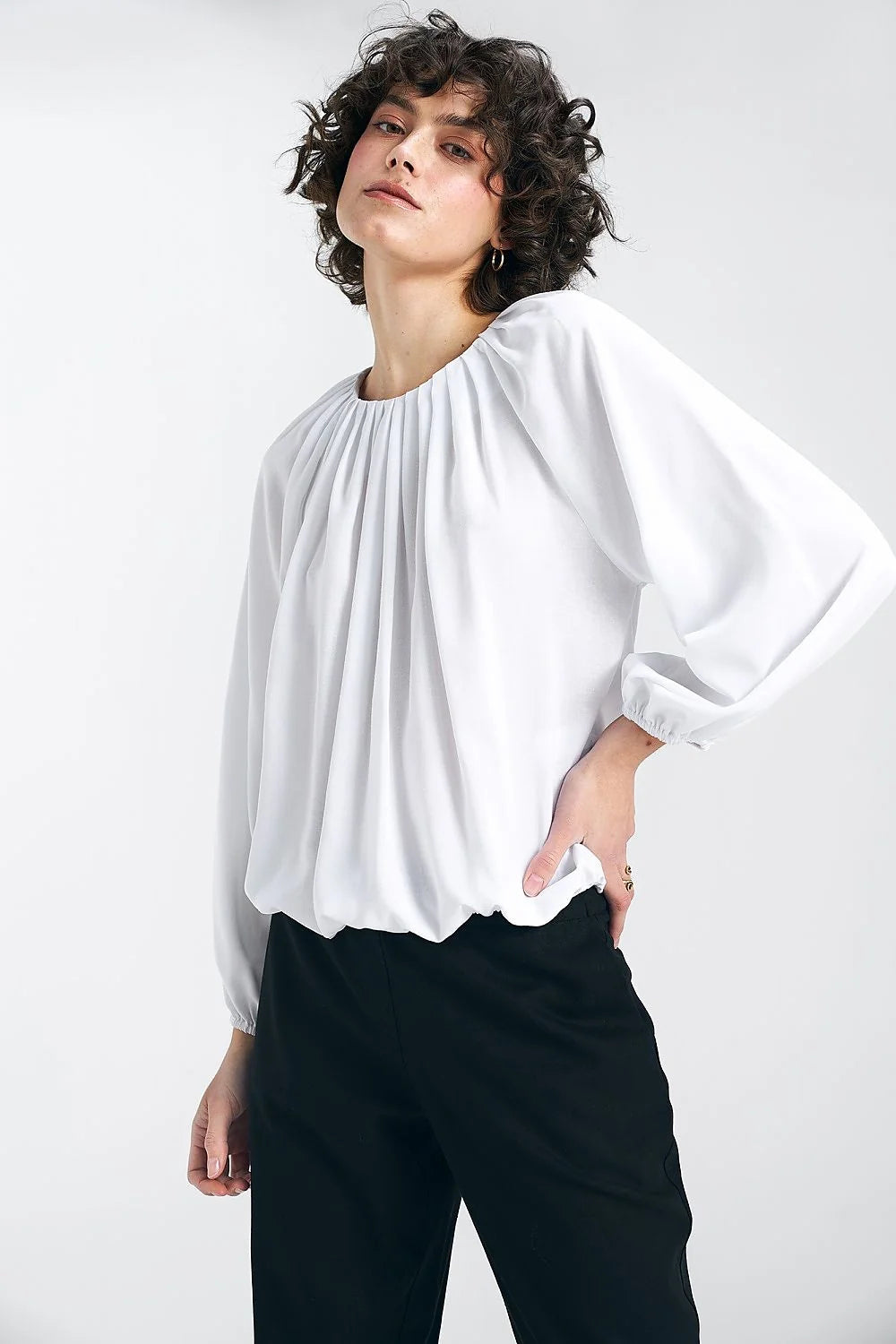 Chemisier classique élégant pour femme manches longues col rond plissé tissu léger polyvalent occasion travail détente