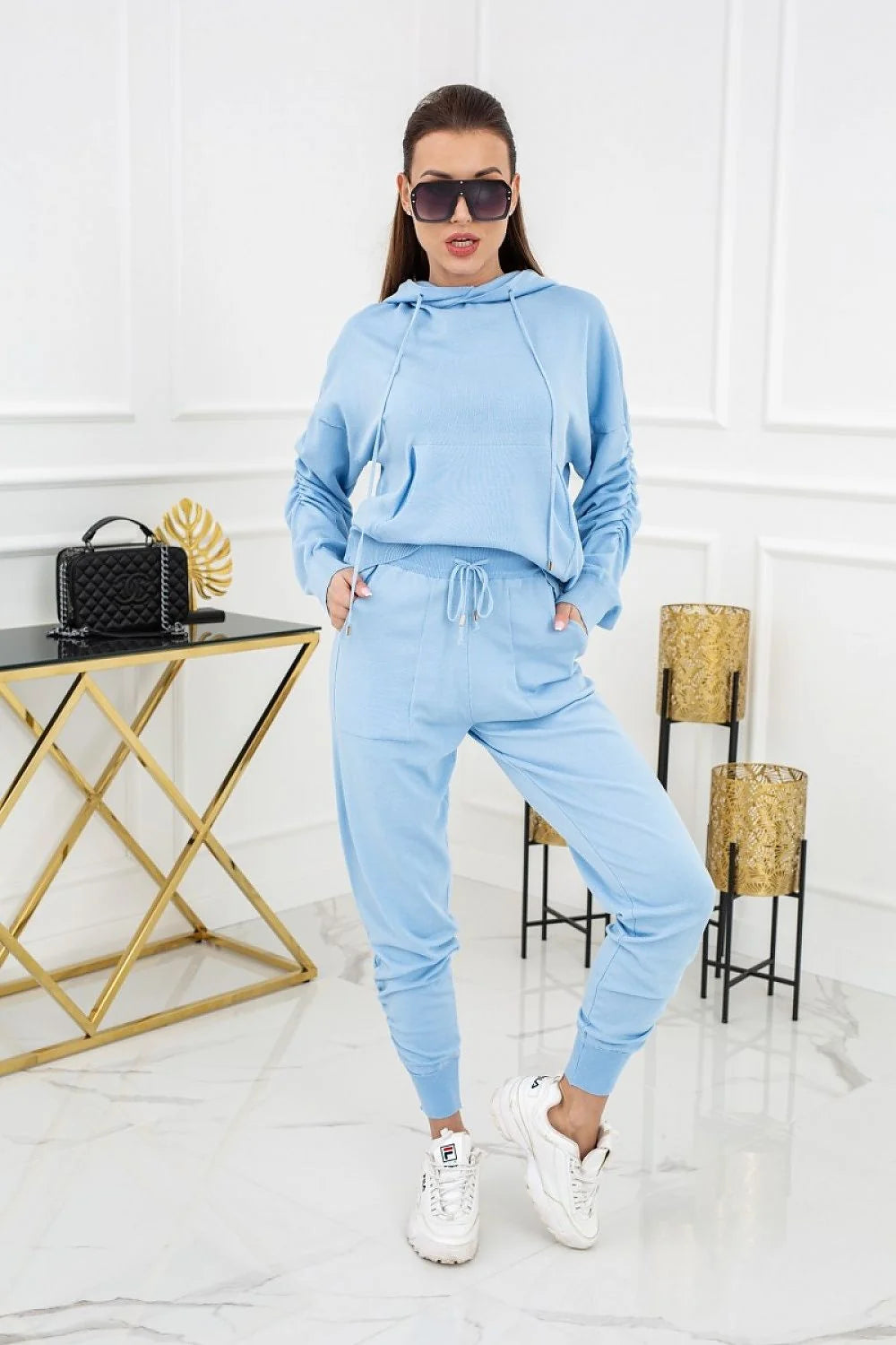 Ensemble survêtement féminin Vittoria Ventini rose pastel sweat à capuche pantalon fuselé