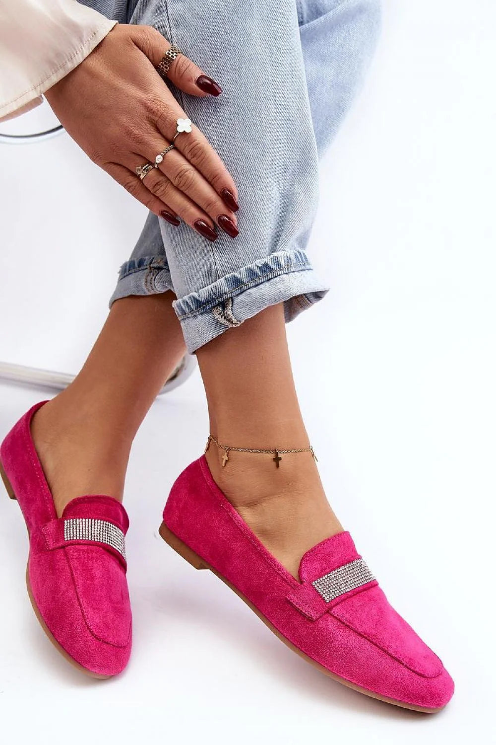 Moccasins pour femmes élégants en suédine écologique, style moderne, talon plat, strass, confort tout le jour, tailles 36-41