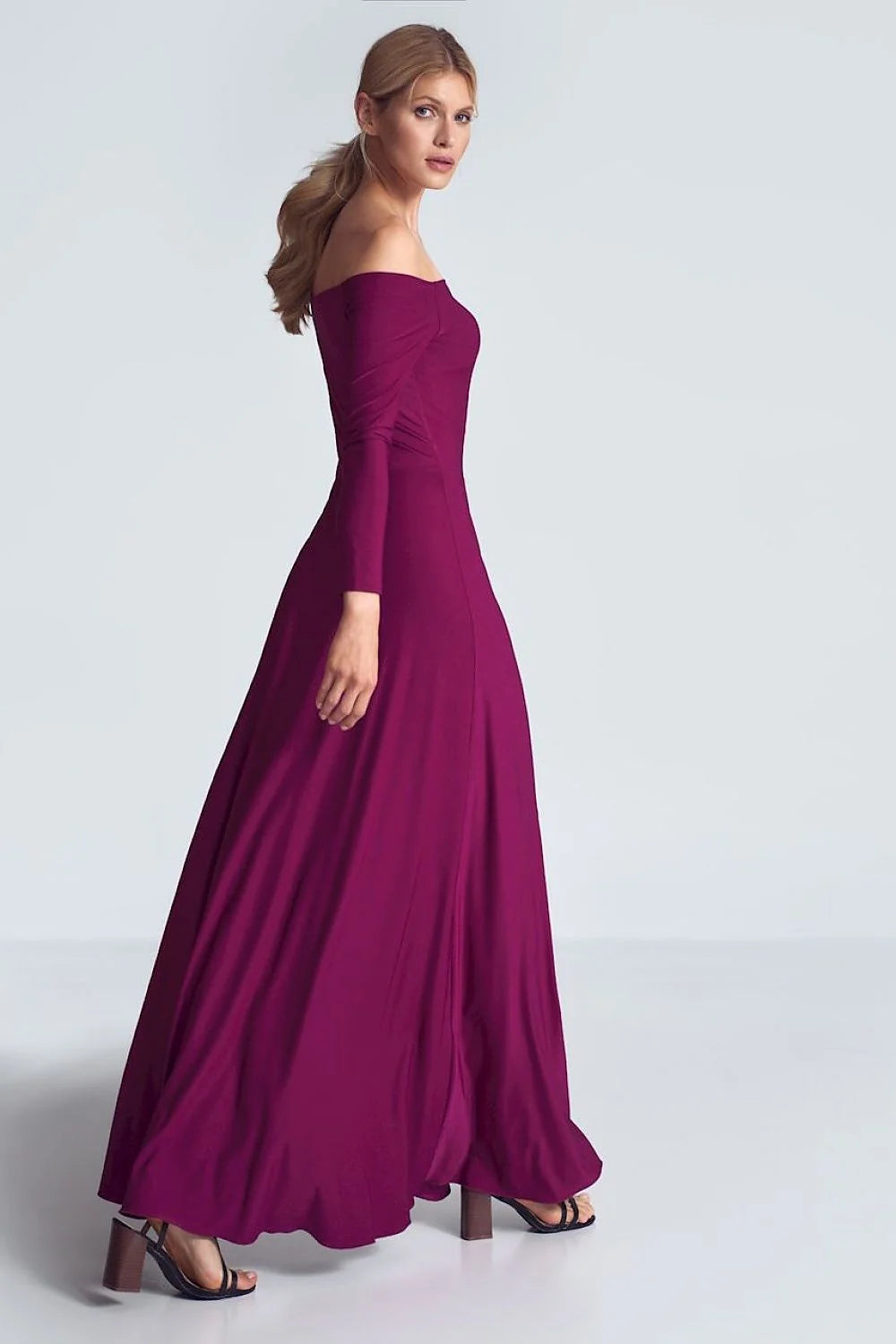 Robe longue polyester élégante magenta épaules dénudées manches longues soirée femme style sophistiqué
