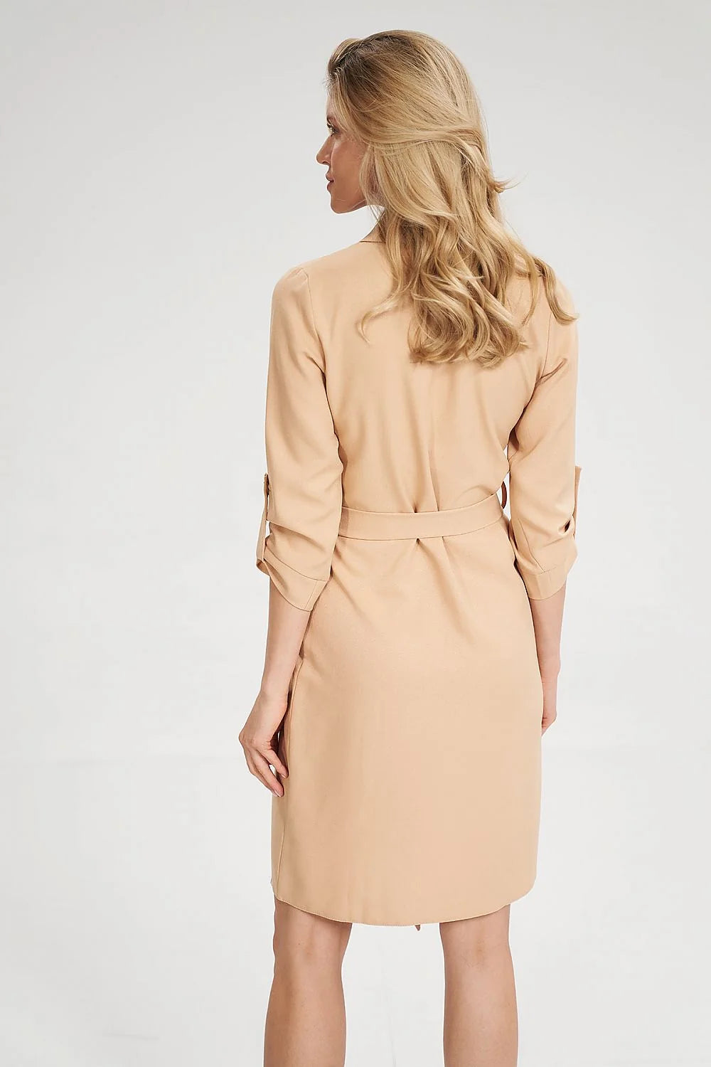 Robe-chemise polyester élégante décontractée bleu clair manches retroussables ceinture ajustable boutons bois femme chic