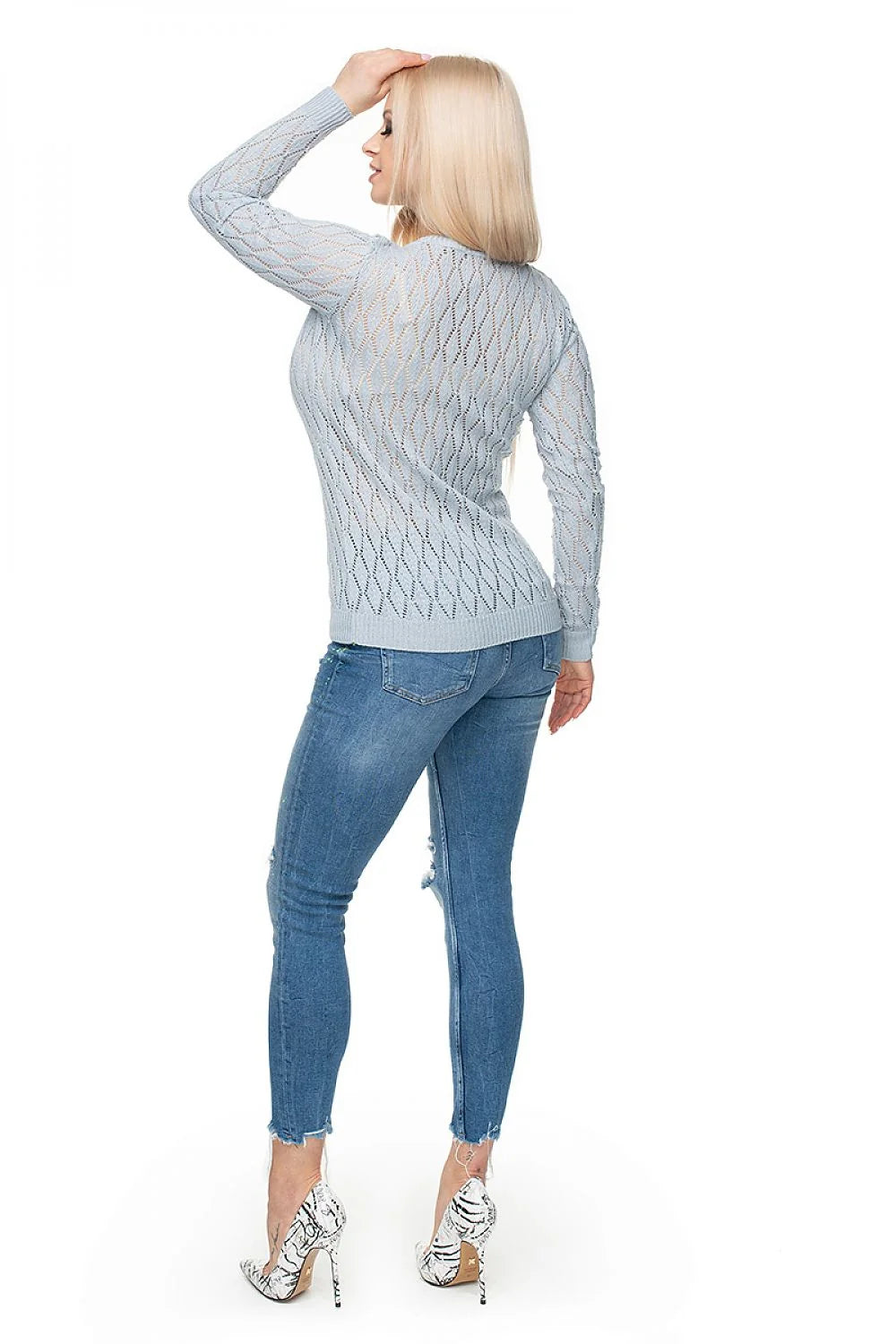 Chandail féminin à encolure V en maille ajourée motif losange couleur rouge vif manches courtes ajusté