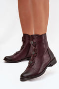 bottines femme Jezzi simili cuir grainé bordeaux vieilli bout arrondi talon carré bas 3cm fermeture éclair fleurs décoratives boutons métalliques