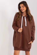 sweatshirt long femme oversize capuche cordons blancs marron chocolat molleton doux coton polyester poche kangourou manches longues côtelées confortable chaud