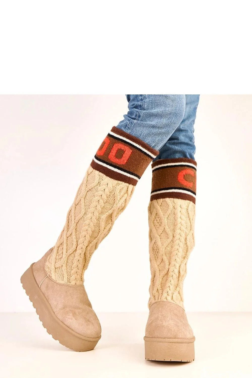 bottes neige femme chaudes tige haute cuir écologique daim beige maille torsadée bordcôte marron rayures bout rond plateforme crantée thermique