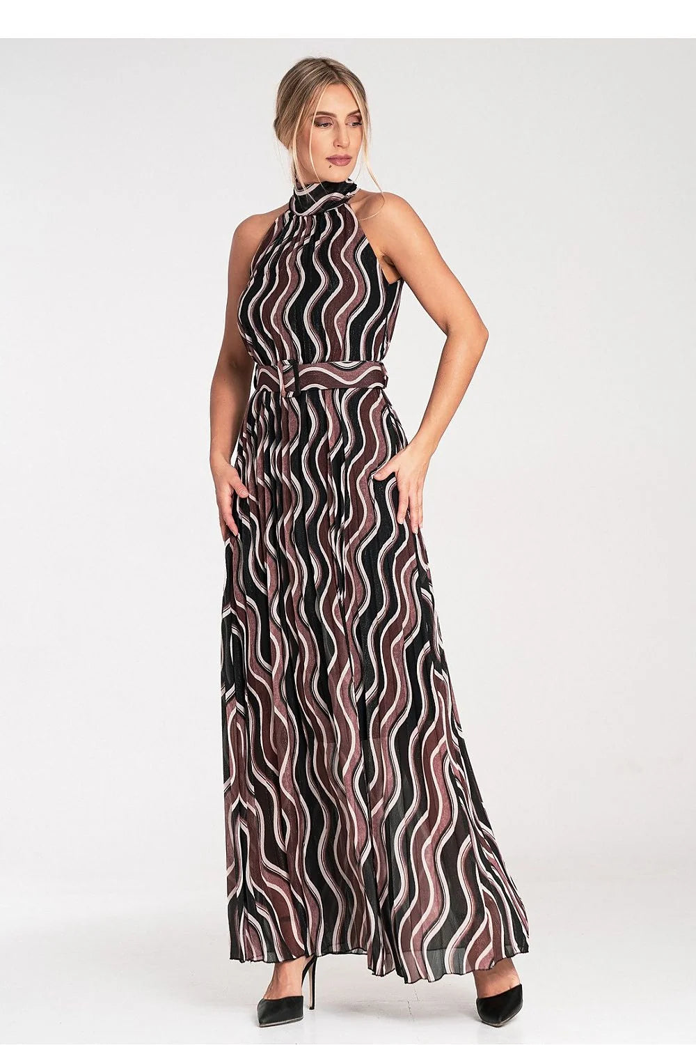 Robe de soirée élégante longue sans manches en polyester et élasthanne avec ceinture et motifs vagues verticaux