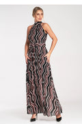 Robe de soirée élégante longue sans manches en polyester et élasthanne avec ceinture et motifs vagues verticaux