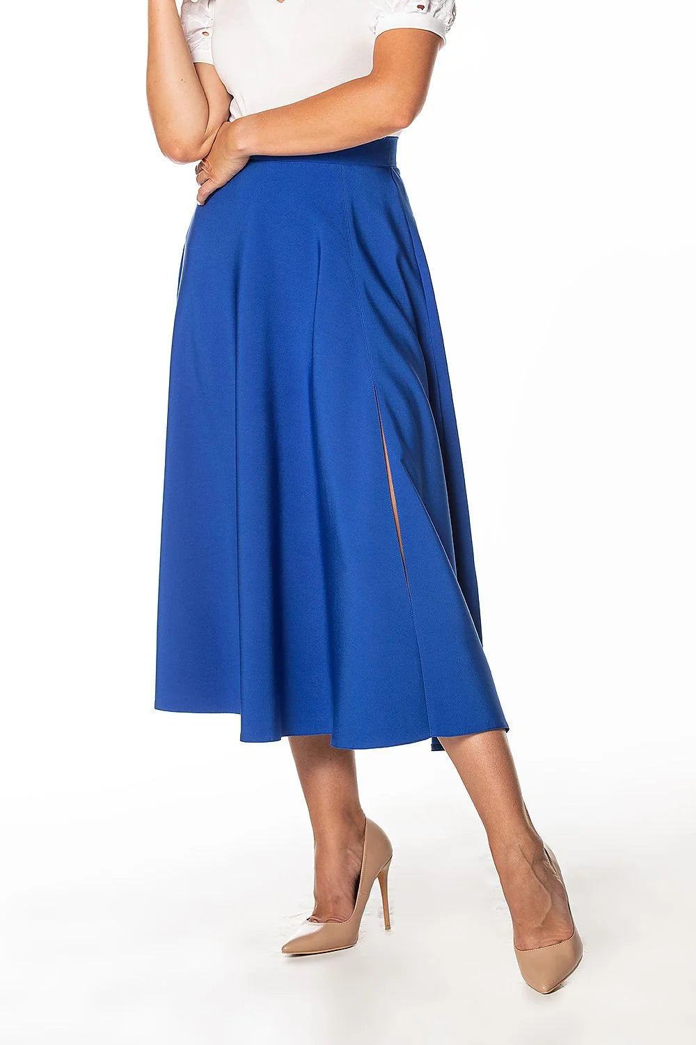 Jupe midi évasée pour femme, design intemporel, style classique, couleur bleu royal, taille haute, fente latérale, polyester élasthanne, occasion versatile