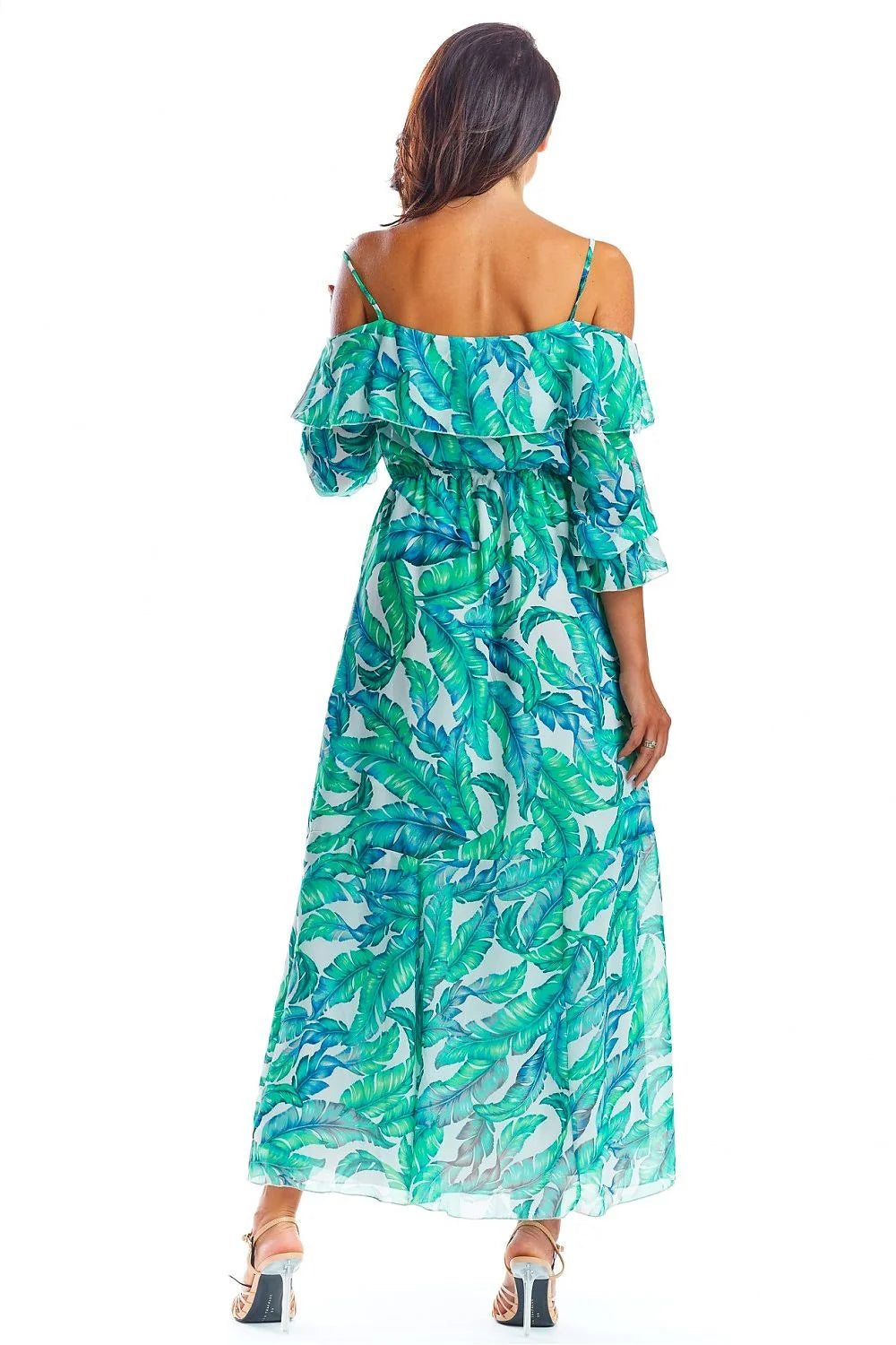 Robe longue en mousseline, style bohème romantique, motifs tropicaux, idéale pour un été décontracté