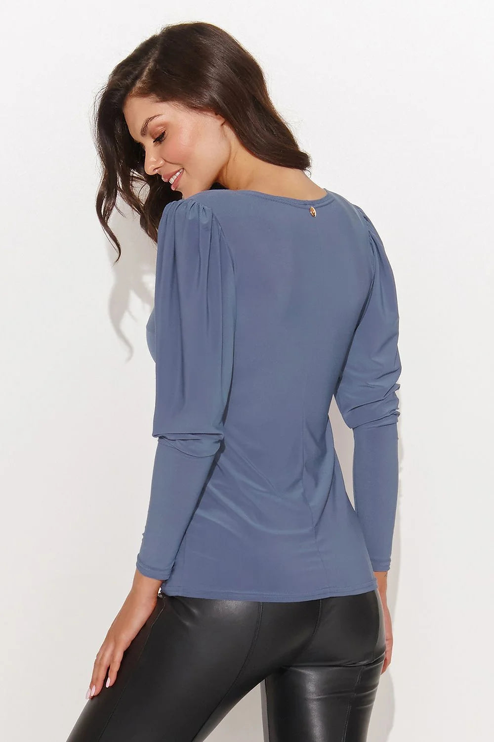 Chemisier ajusté pour femme en tissu doux manches longues col V profond style élégant couleur bleu ardoise matière confortable polyester élasthanne