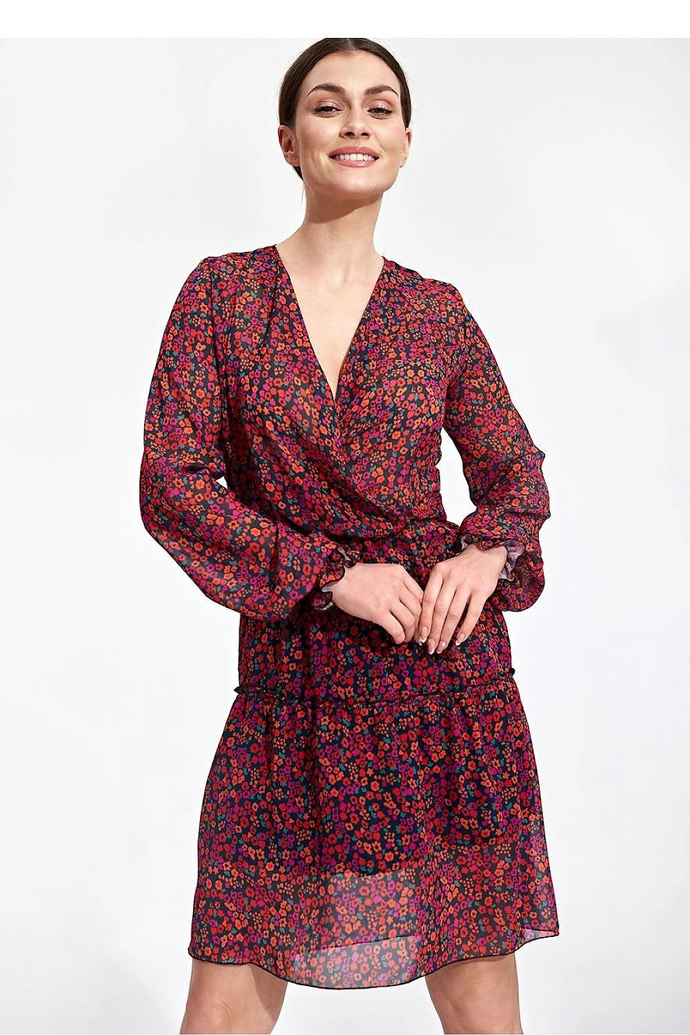Robe de jour Figl robe été aérée manches longues élastique taille encolure enveloppe volant jupe polyester 100% femmes