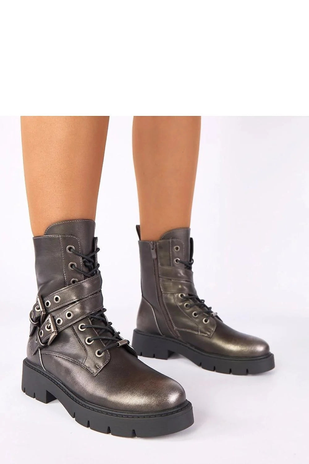 bottines Ruthy Gemre métalliques gris anthracite plateforme semelle crantée talon bloc tige mi mollet