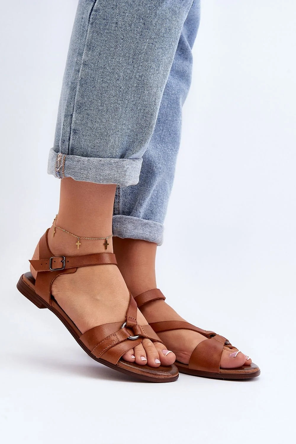 Sandales plates pour femmes en cuir marron style minimaliste bohème ajustables talon plat confortable été 2023