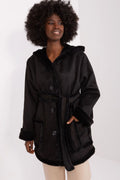 manteau Lakerta mi long femme capuche suédine noire fausse fourrure doublure bordures boutonnage ceinture nouer coupe droite ample poches plaquées