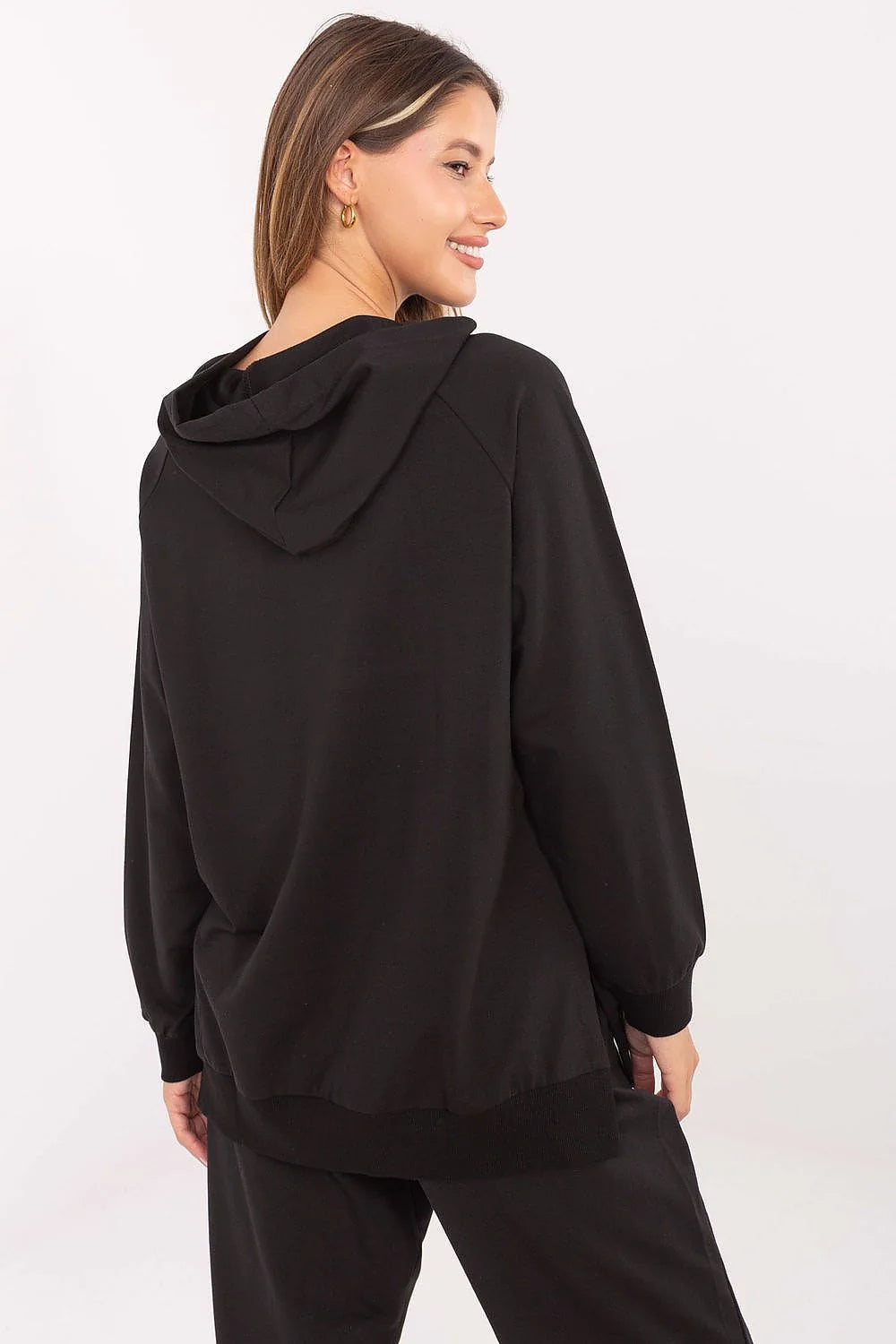 sweatshirt femme oversize noir tunique encolure V discrète capuche manches raglan poche kangourou jersey doux extensible coton élasthanne