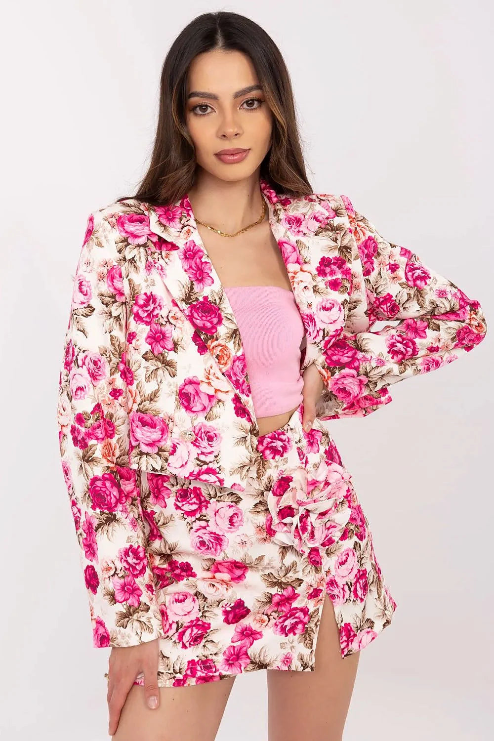 Ensemble féminin Italy Moda veste courte jupe évasée motifs floraux printemps été porté occasionnels femme