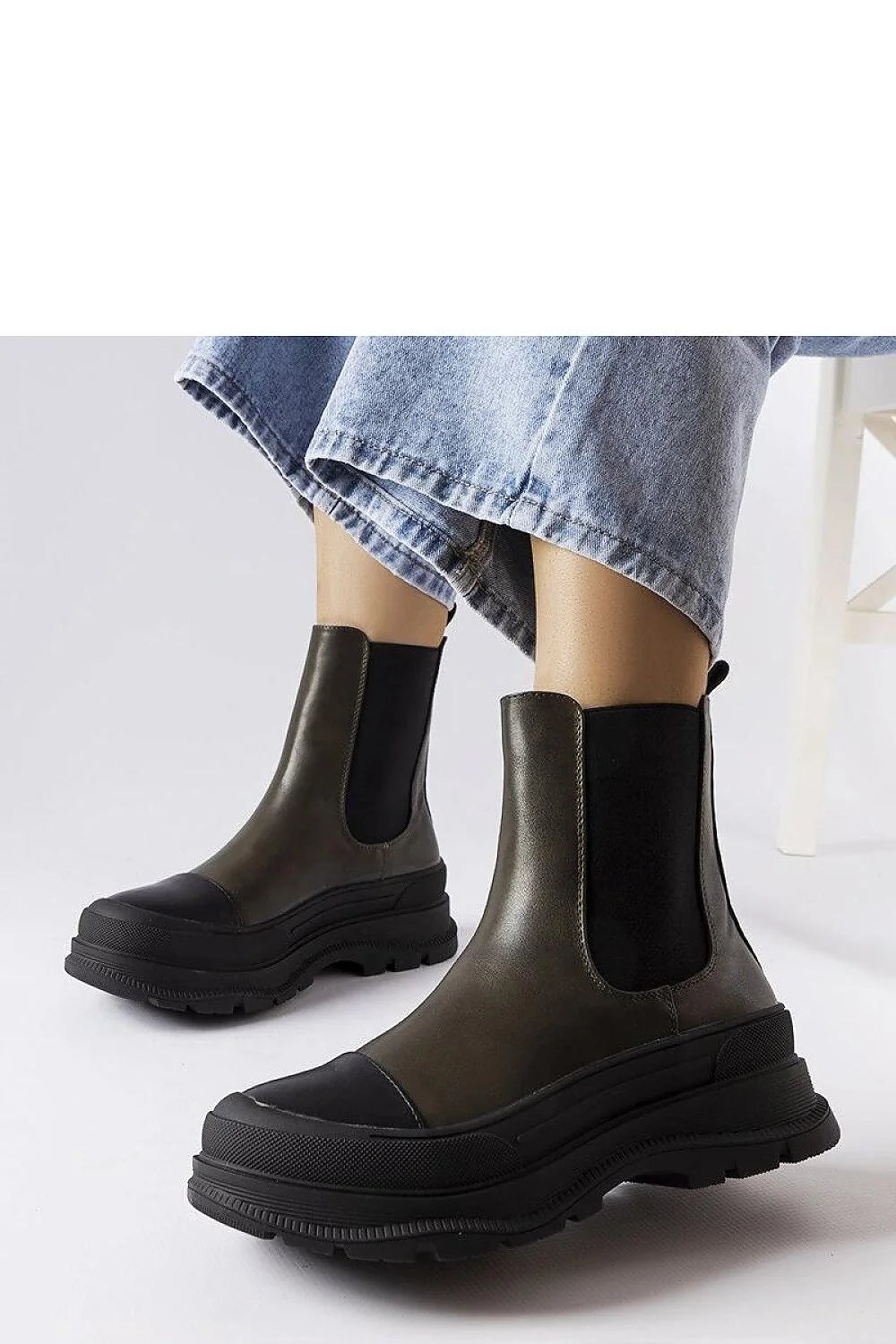 Bottes Chelsea pour femmes kaki foncé élastiques latéraux cuir écologique style urbain confortable plateau épais