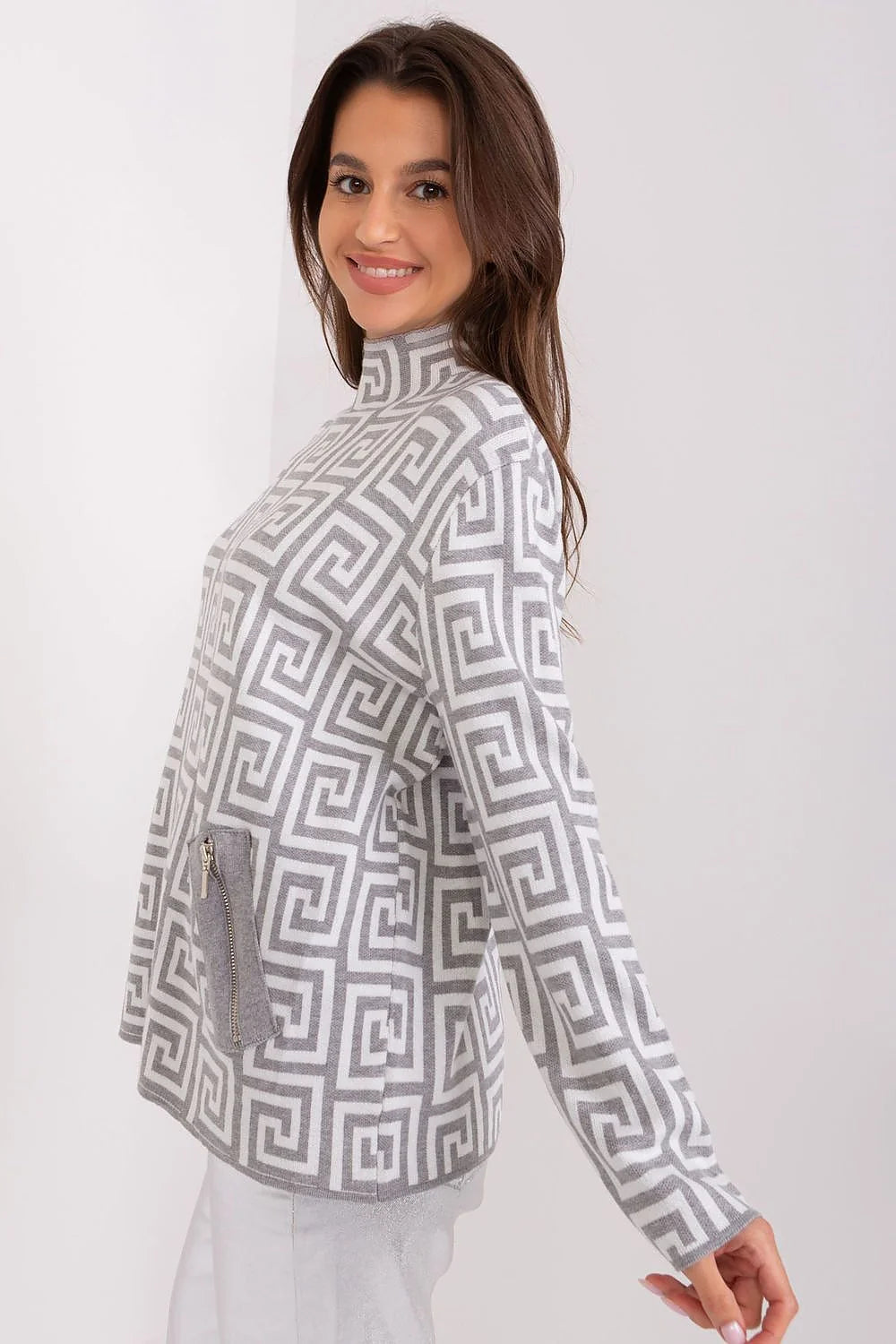 Pull femme Chandail AT design géométrique motif labyrinthe manches longues poches zippées en tricot doux automne hiver