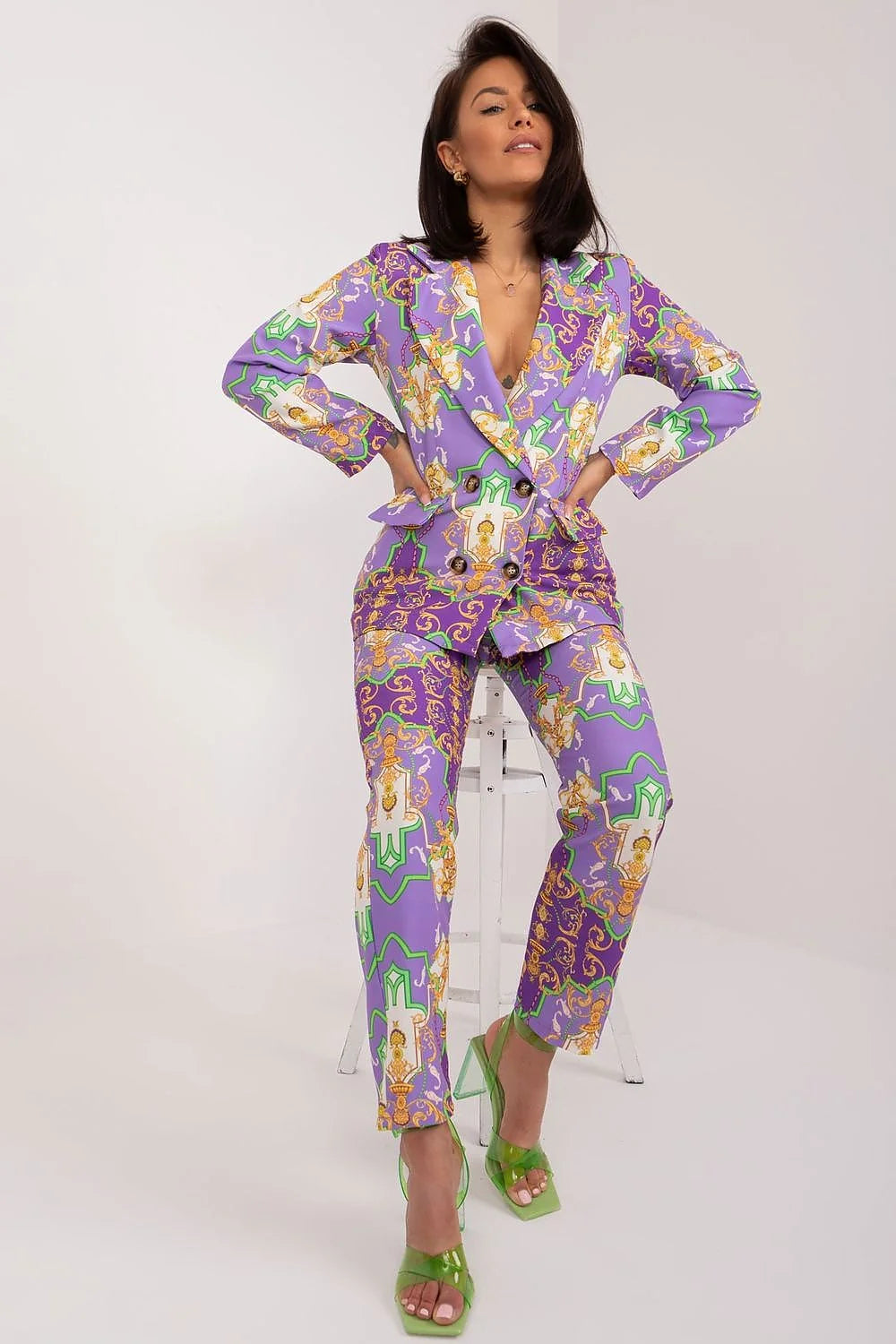 Ensemble féminin Italy Moda veste pantalon motifs baroques colorés coupe ajustée occasion spéciale soirée工作