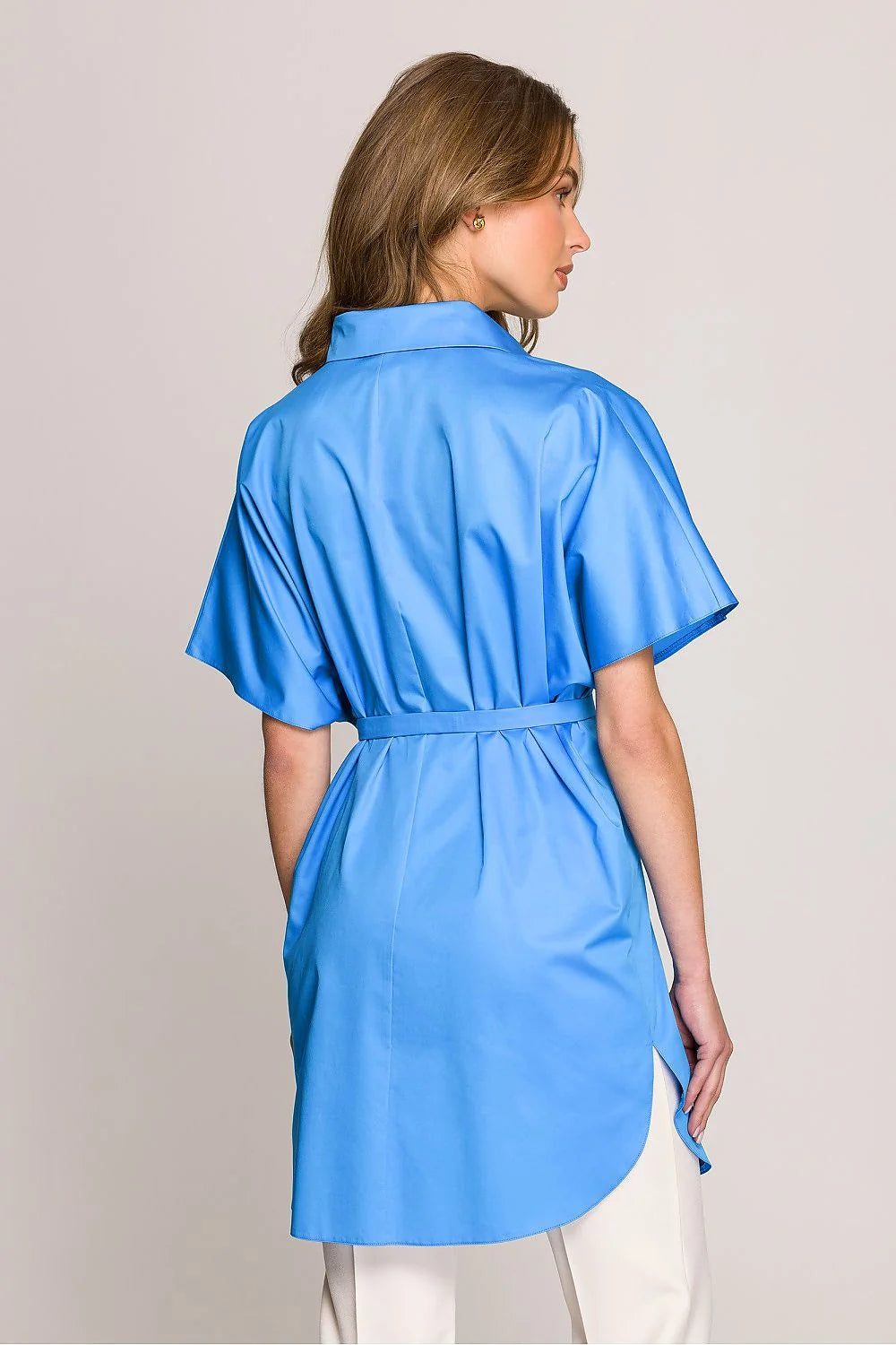 Chemise manche courte Stylove robe-shirt femme coton polyester bleu vibrant style oversize col chemise boutons intégrés ceinture incluse