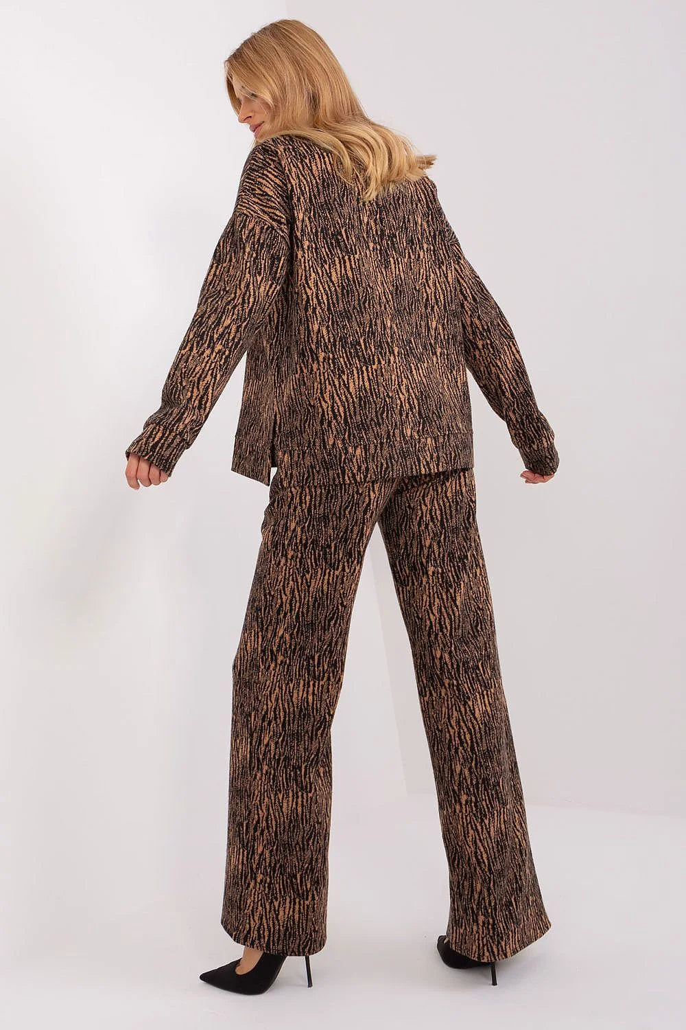 Lakerta ensemble femme animalier zébré noir camel maille tricotée coton élasthanne confortable manches longues col V pantalon évasé taille élastiquée