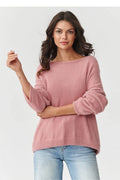 pull femme oversize col bateau maille pelucheuse rose poudré coupe longueur hanches manches bouffantes poignets côtelés chaud confortable chic polyvalent