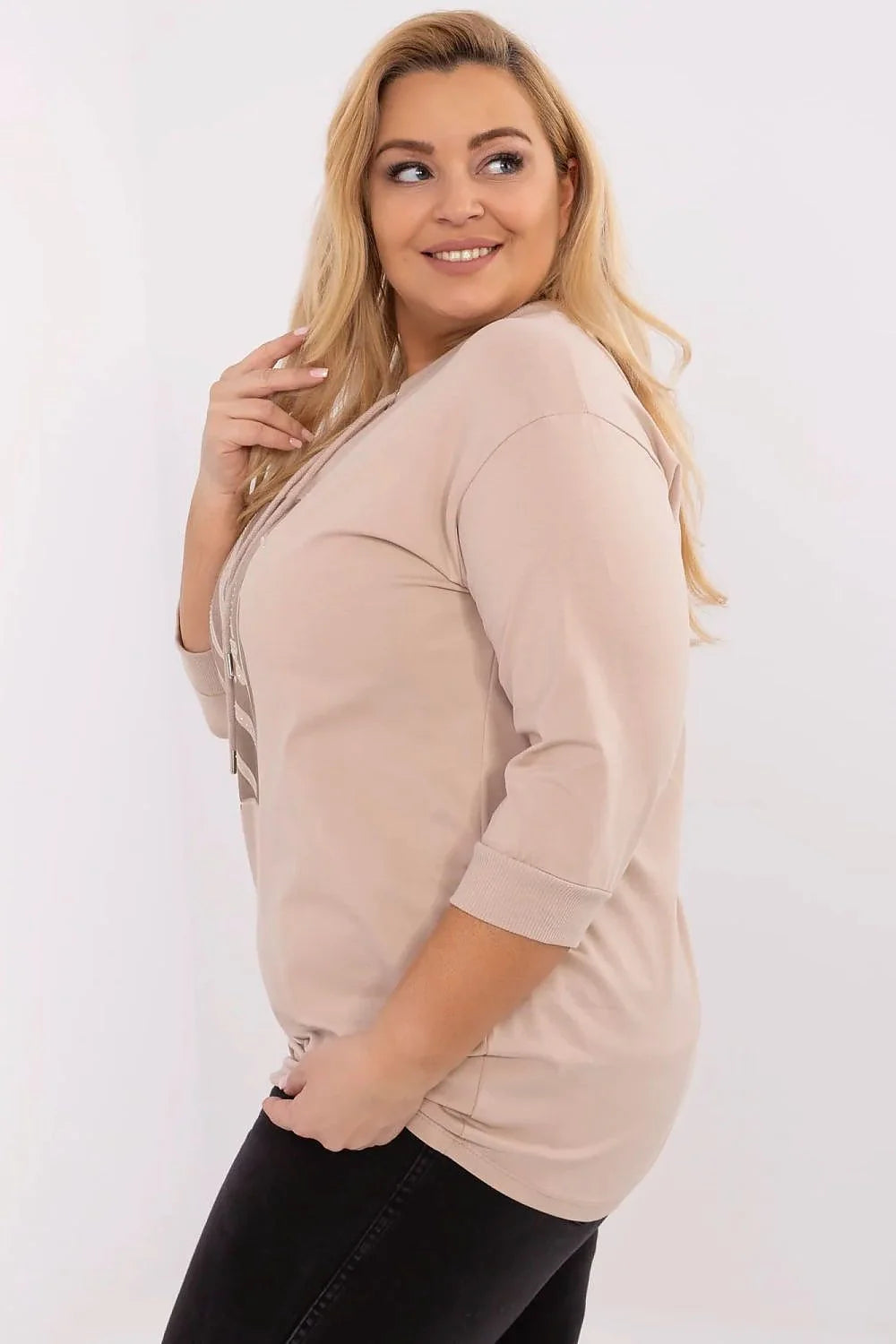 Chemisier grande taille Relevance en coton élasthanne manches 3/4 col rond lacets sequins beige motif doré femme