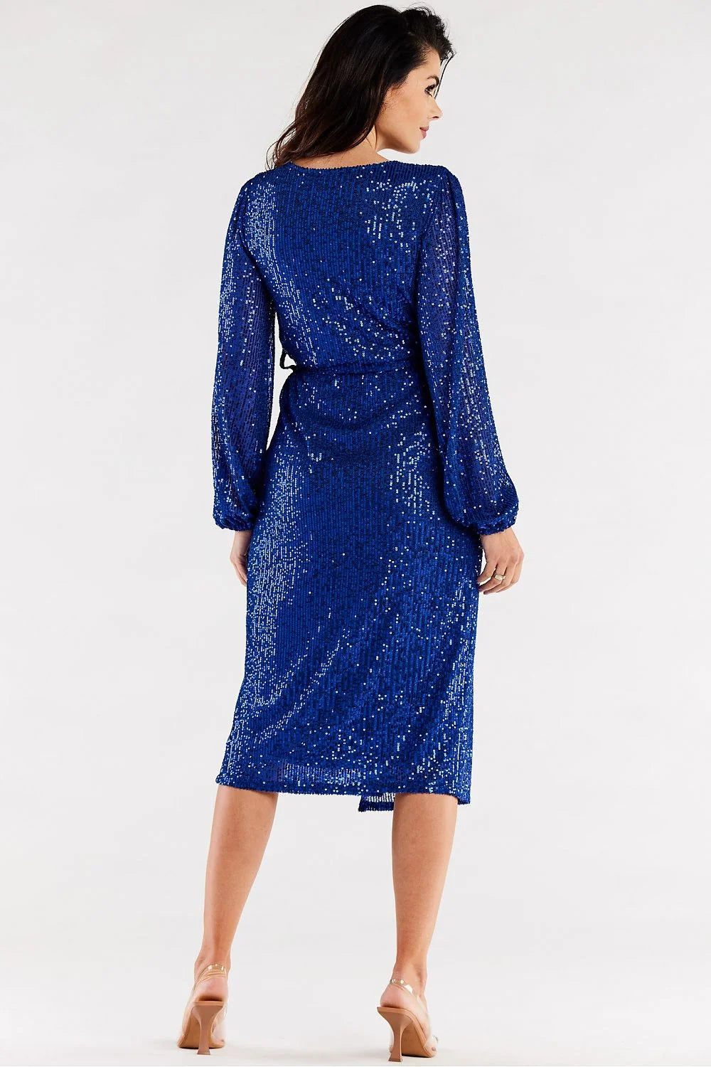 Robe de soirée élégante longueur midi manches longues paillettes rouge vif ceinture intégrée ajustable femme