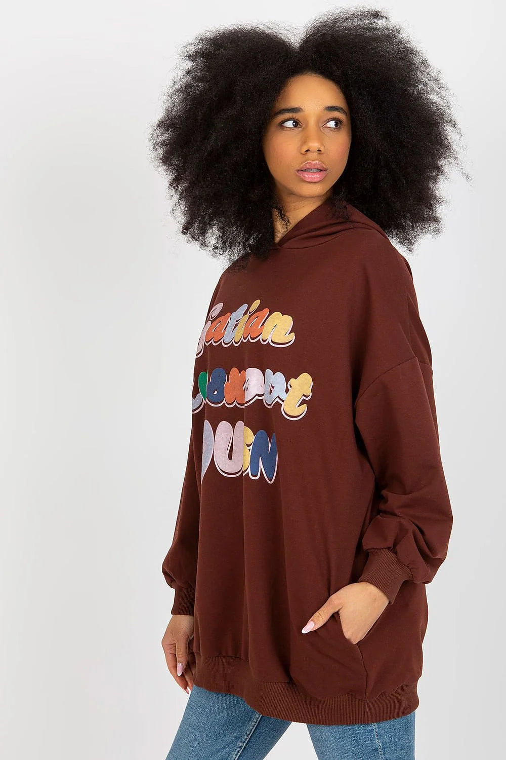 Sweatshirt pour femme Fancy style urbain coupe ample coton élasthanne capuche manches longues poches rabats impression graphique multicolore