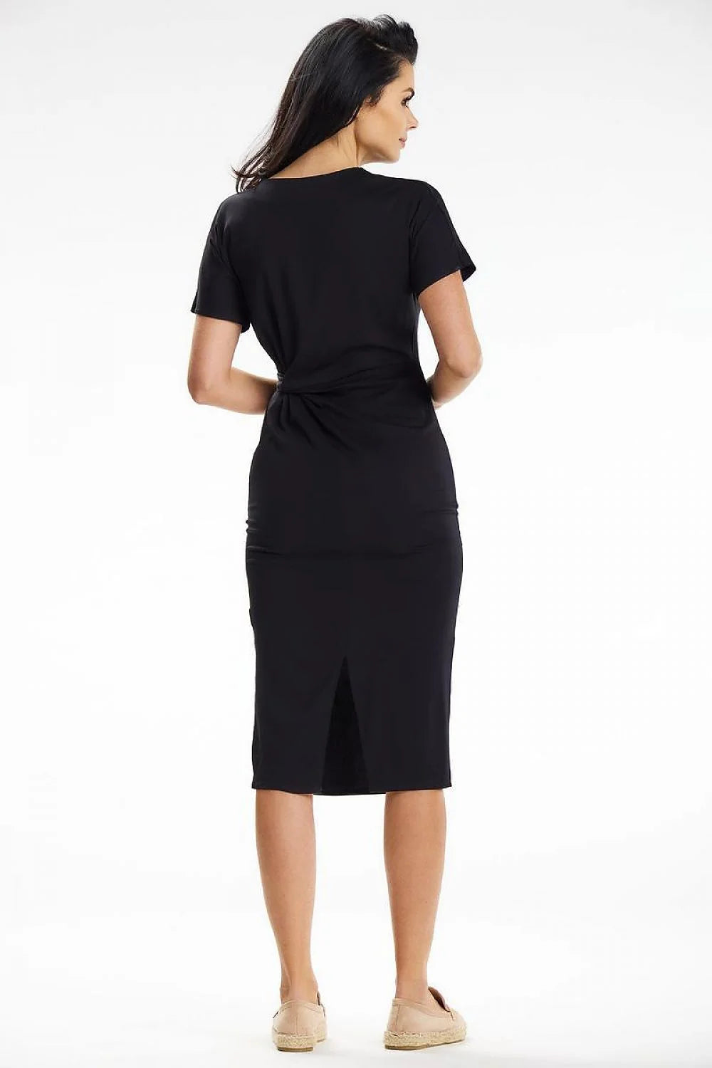 Robe classique noire pour femme manches courtes encolure en V ceinture intégrée robe midi ajustée occasionnels